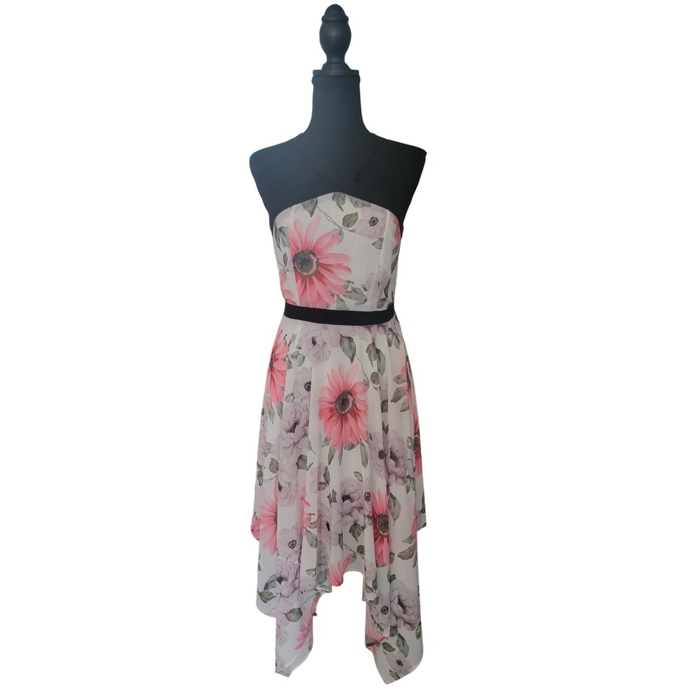 Floral Handkerchief Hem Midi Dress Pink‎ Black Halter Neck Medium Wedding
